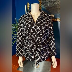 Jones New York Signature Black & White Tie Front 3/4 Sleeve Length Blouse Sz XL